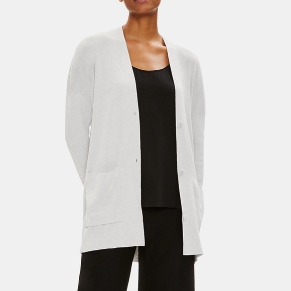Eileen Fisher Cardigan L Pearl Cotton Silk Blend - Picture 2 of 13